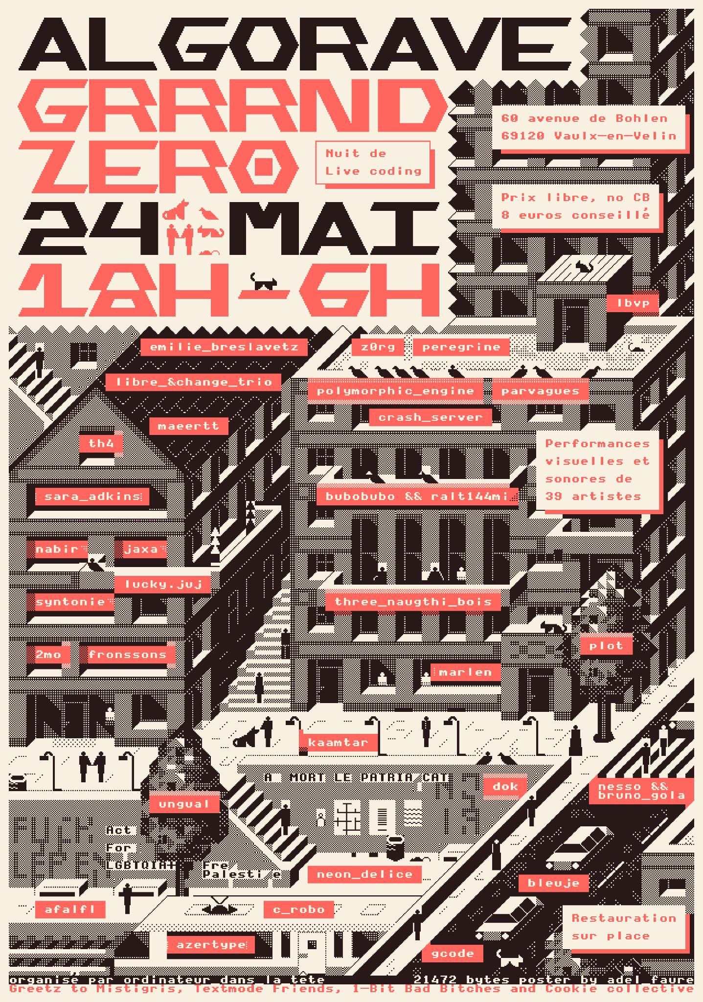 Affiche de l'algorave 2025: Une ville en noir et blanc en vue isometrique avec du texte rouge.