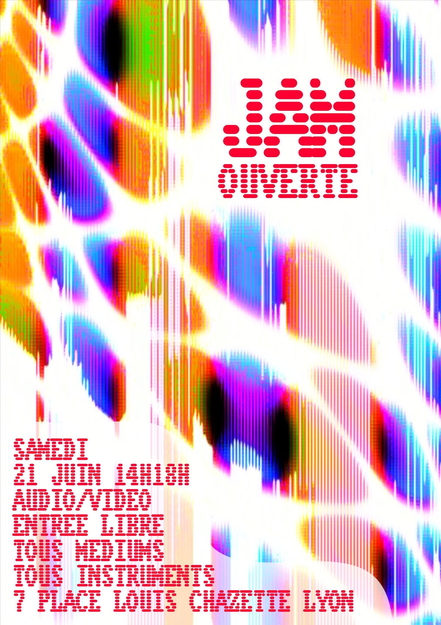 Affiche de la jam ouverte du 21 Juin 2025 : Un motif abstrait généré de manière electronique.