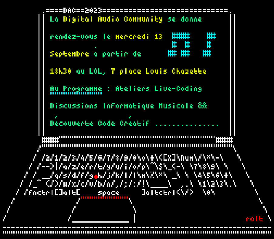 La Digital Audio Community se donne rendez-vous le mercredi 13 septembre à partir de 18h30 au LOL, 7 place Louis Chazette. Au Programme : Ateliers Livre-Coding, Discussions Informatique Musicale && Découverte Code Créatif............