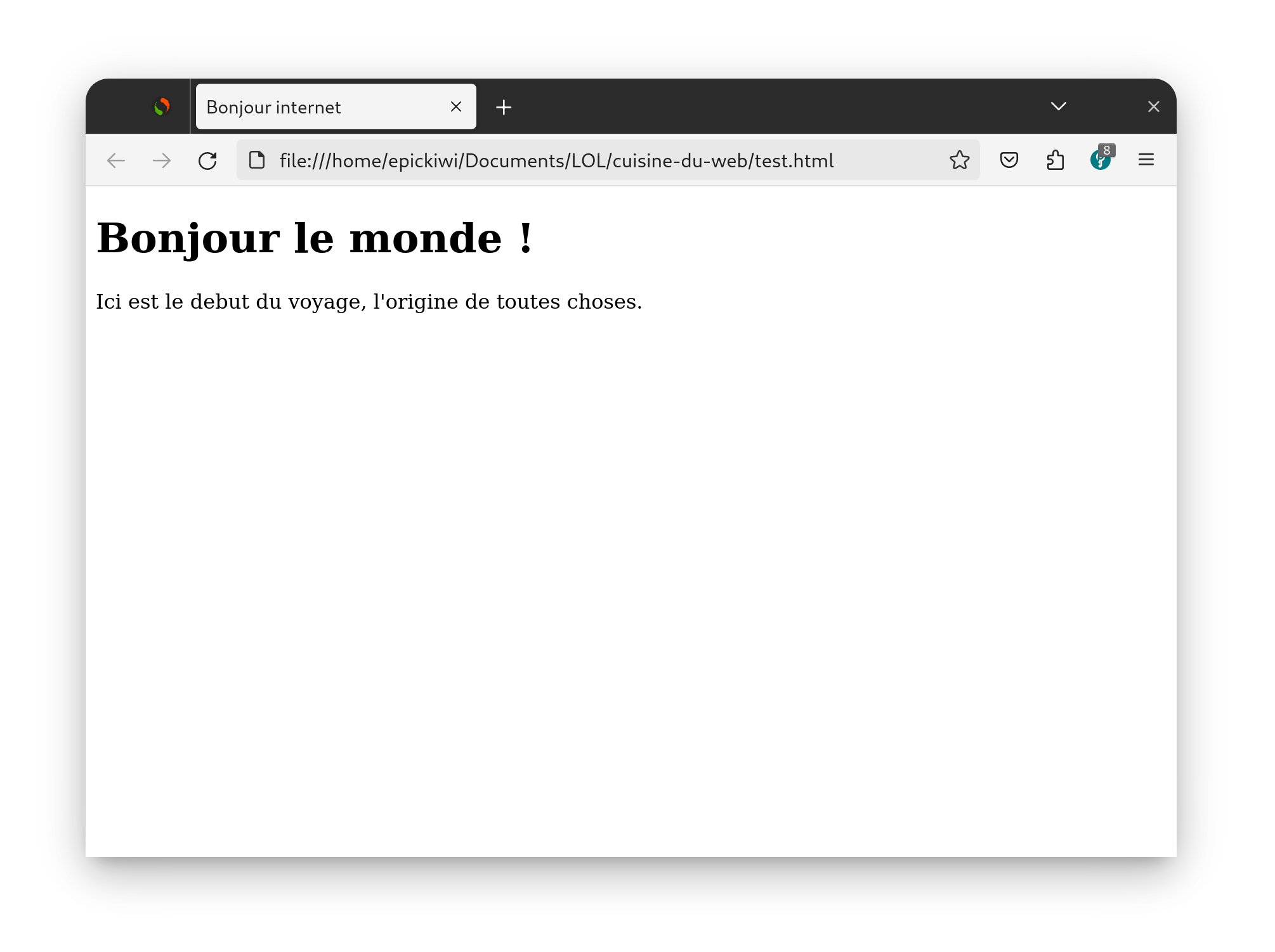 Une fenetre de navigateur. Une simple page ouverte nommee 'bonjour internet' avec un titre 'bonjour le monde' et un court paragraph.