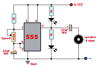 Un schéma éléctronique d'un montage avec un 555 et d'autres composants de base formant un oscillateur réglable