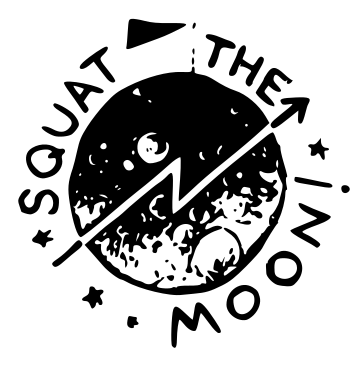 Symbole Kraakteken sur une lune en noir et blanc avec l'inscription Squat the moon